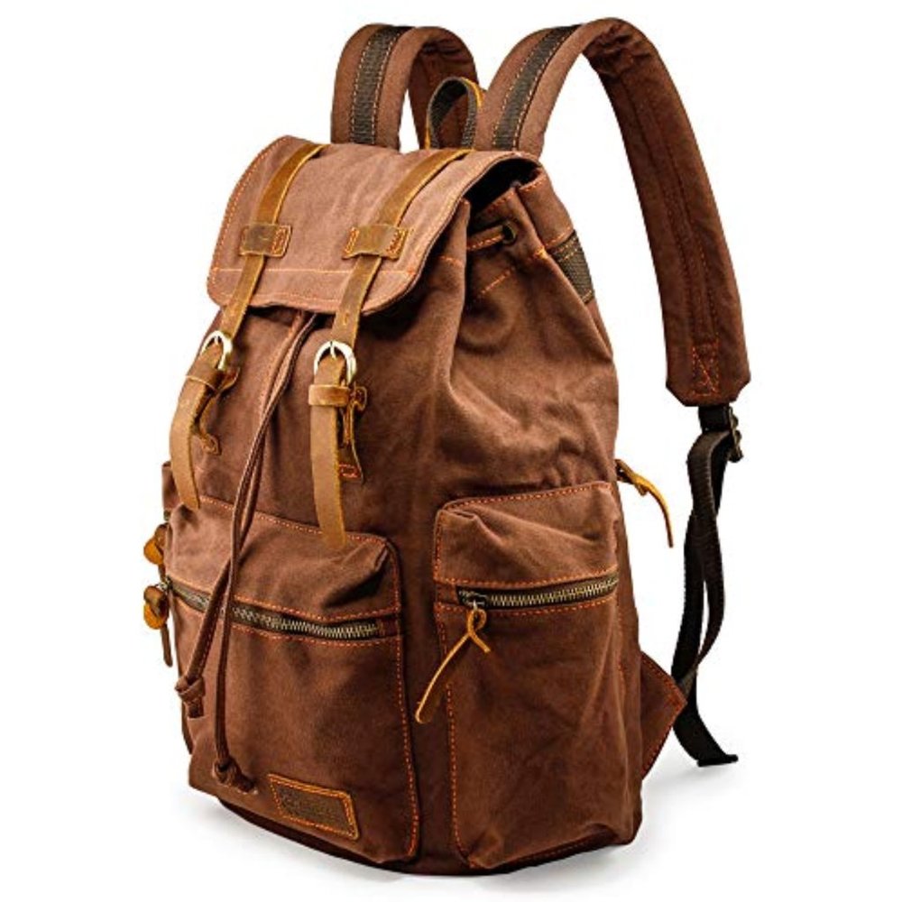 21L Vintage Canvas Backpack for Men Leather Rucksack Knapsack - Picture 2 of 9